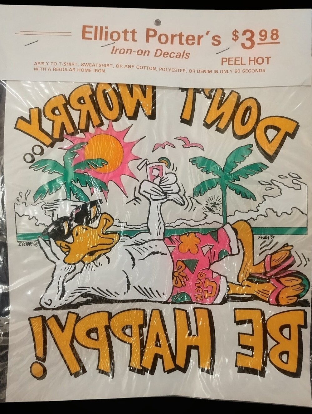 NOS 1980s Elliott Porter's Don't Worry Be Happy Surfer Duck Iron-On Shirt Decal